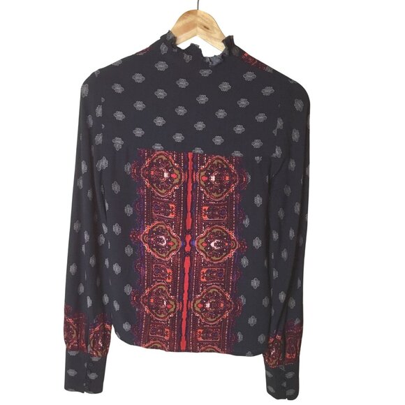 FREE PEOPLE Wishing Well Border Boho Button Blouse Midnight Rust S/P Festival - Picture 2 of 8